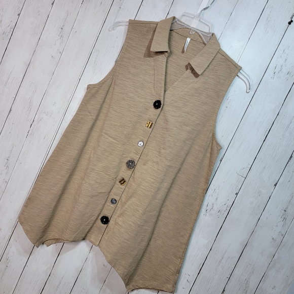 NWOT Passports Women's Brown Cotton Knit Sleeveless Snap-up Shirt Size Large. - Picture 2 of 7